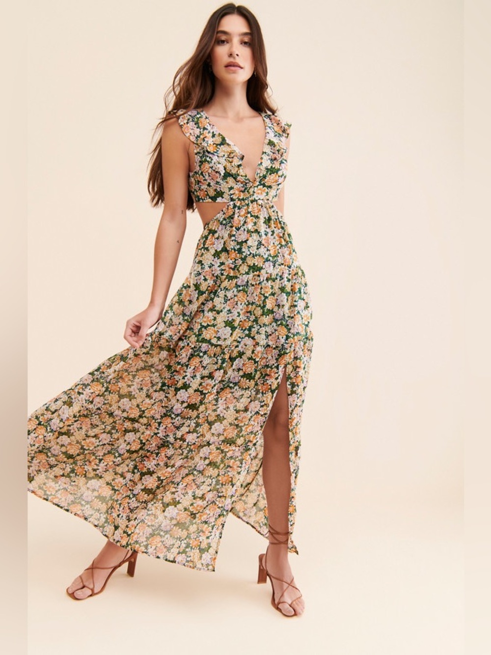 ASTR the Label Cutout Floral Maxi Dress Medium Ruffle Lace Up V Neck Tiered Slit